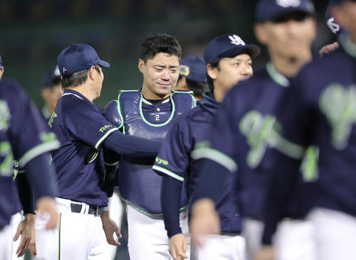 日本シリーズ優勝を決め、歓喜の涙を流すヤクルト中村（中央）（撮影・河田真司）