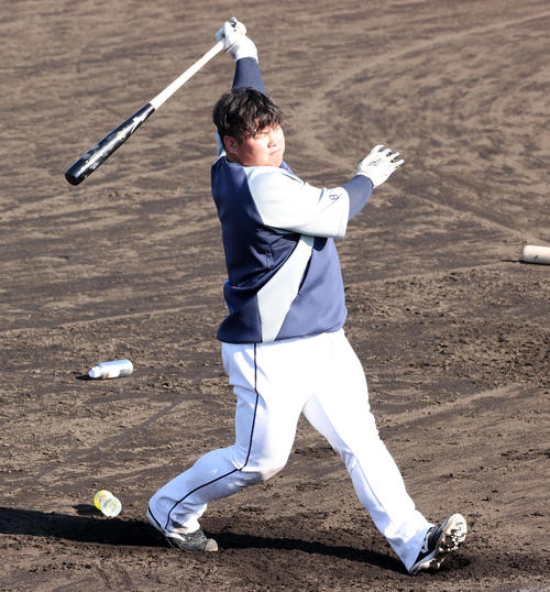 西武春季キャンプ4日目、ロングティー打撃する渡部(撮影・浅見桂子)