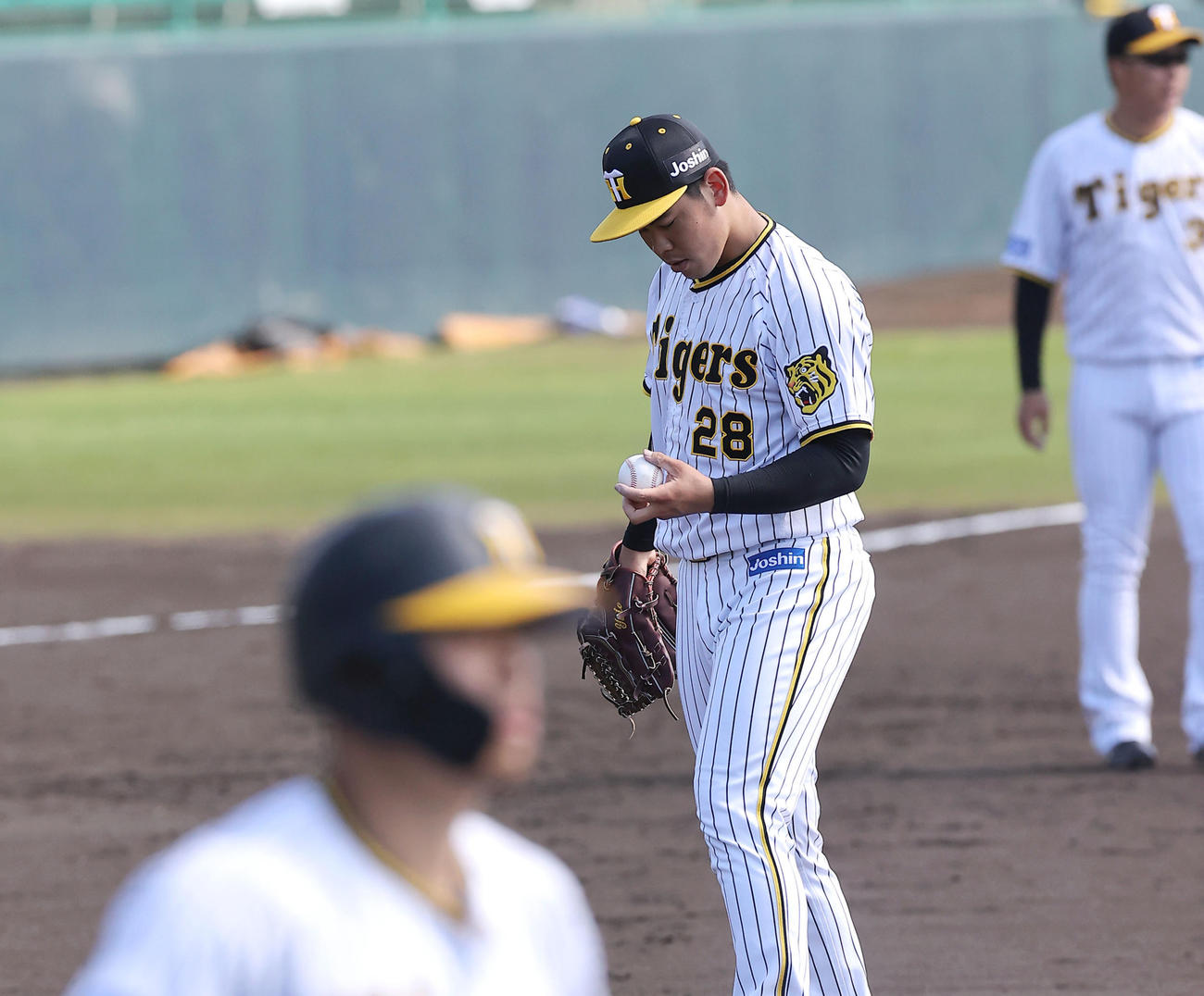 シート打撃で佐藤輝（手前）に四球を与えうつむく鈴木（中央）。右は大山（撮影・上山淳一）