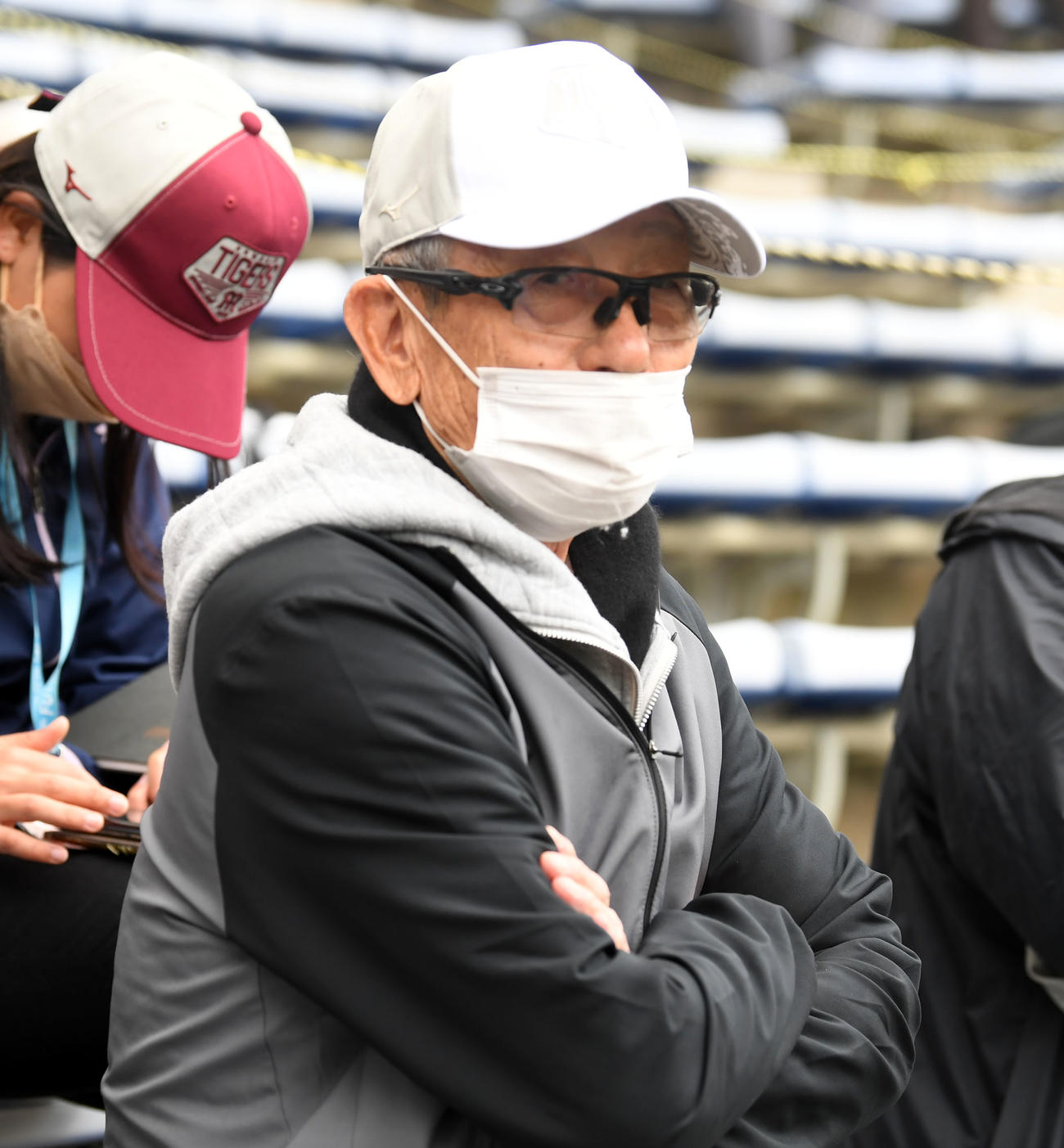 紅白戦　阪神の紅白戦を視察する本紙評論家の権藤博氏（撮影・前岡正明）
