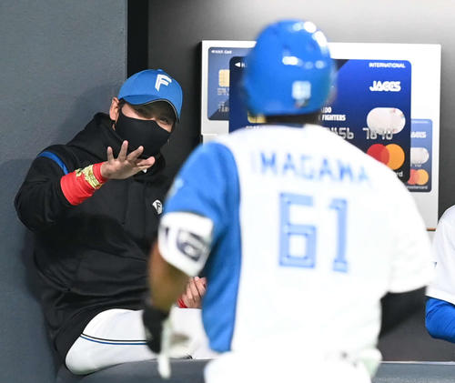 5回裏日本ハム無死、ソロ本塁打を放った今川(手前)を迎える新庄監督(撮影・たえ見朱実)