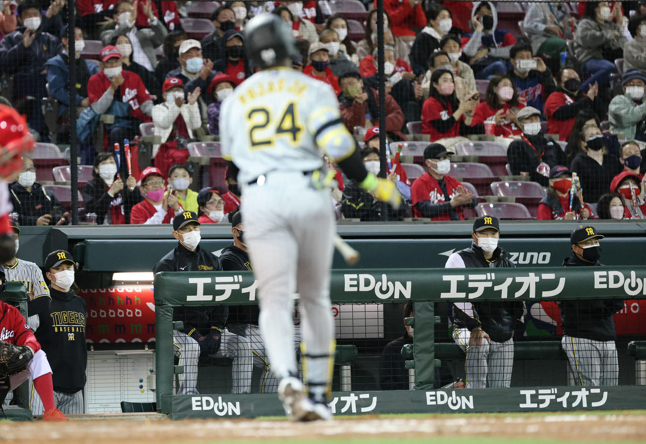 広島対阪神　9回表阪神2死二塁、ロハス・ジュニアの三振で試合終了。左から2人目は矢野監督（撮影・加藤孝規）