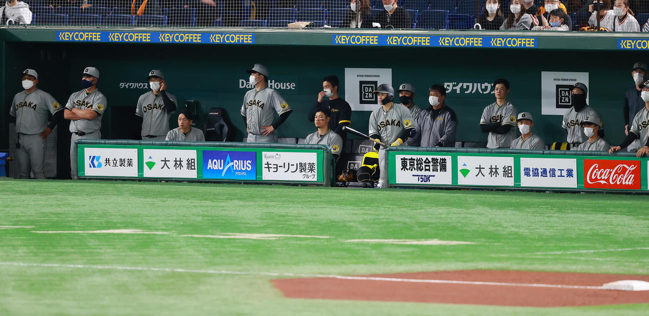 巨人対阪神　9回表、さえない表情で戦況を見守る阪神ナイン（撮影・垰建太）