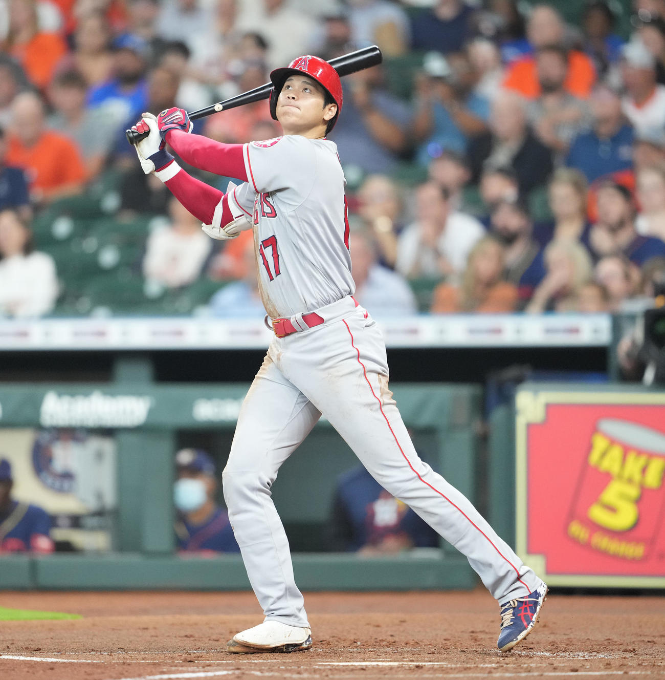 アストロズ対エンゼルス　1回表エンゼルス2死満塁、左2点適時二塁打を放つ大谷（撮影・鈴木みどり）