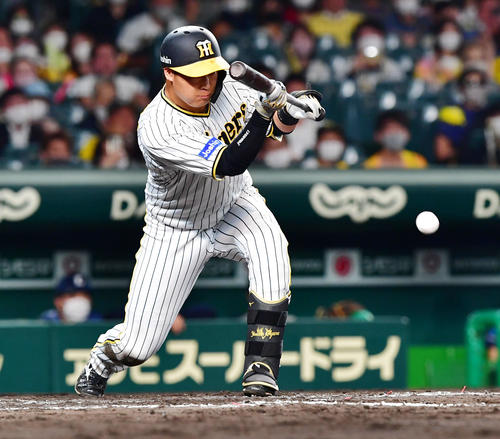 阪神対西武　7回裏阪神無死一、二塁、大山は投前送りバントを決める（撮影・前岡正明）