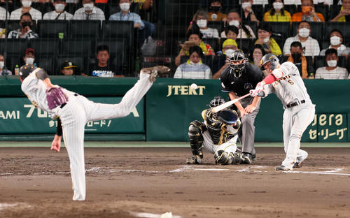 阪神対巨人　3回表巨人2死二塁、坂本は右前適時打を放つ。投手藤浪（撮影・加藤哉）