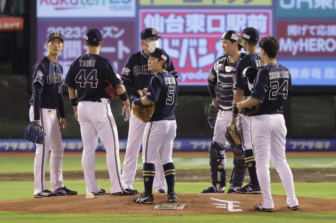 楽天対オリックス　4回裏楽天無死一、二塁、炭谷に四球を与え、降板となる田嶋（左端）（撮影・前田充）