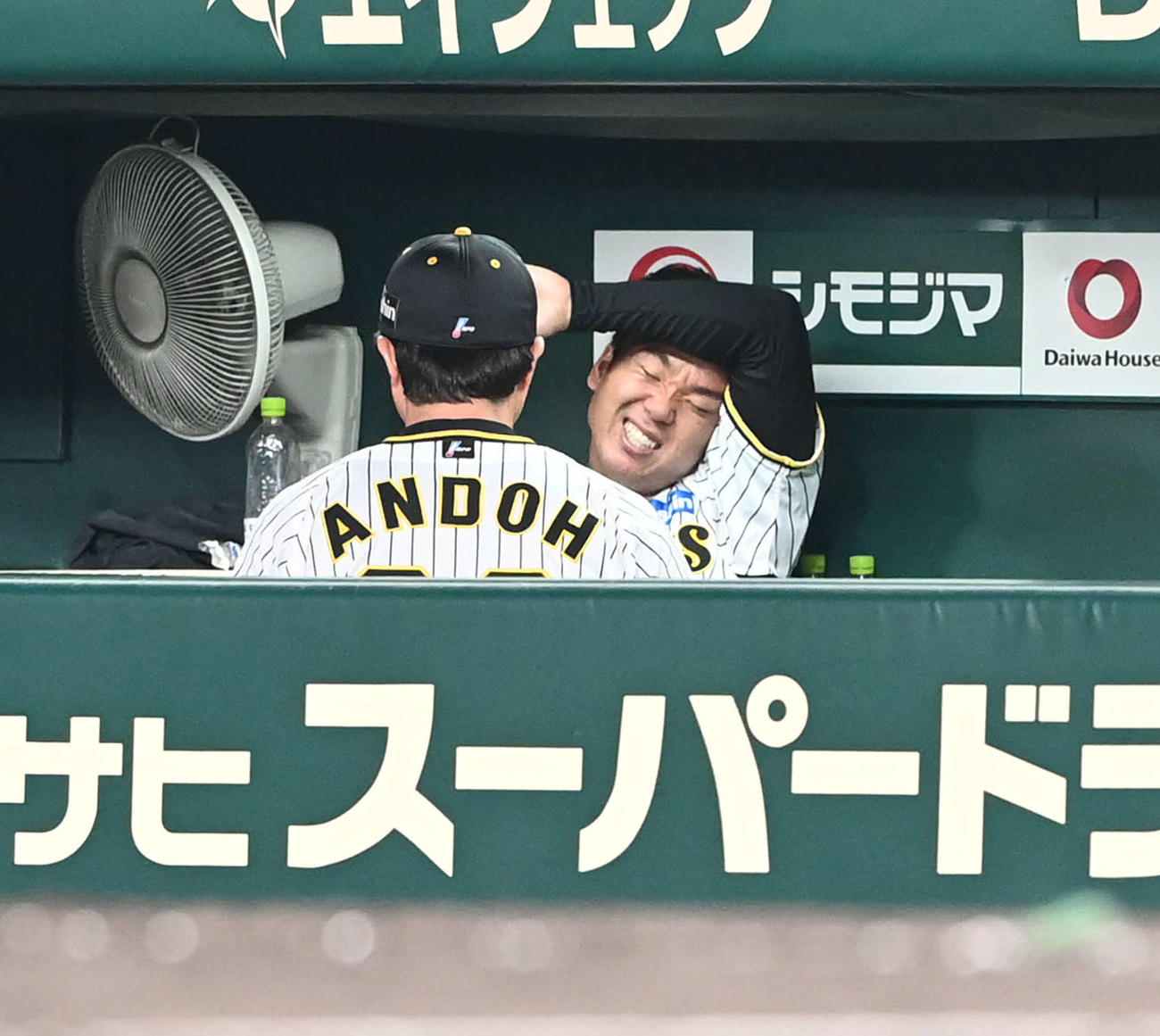 阪神対ヤクルト　7回、無失点が途切れた村上はベンチに戻り安藤コーチと話す（撮影・前岡正明）
