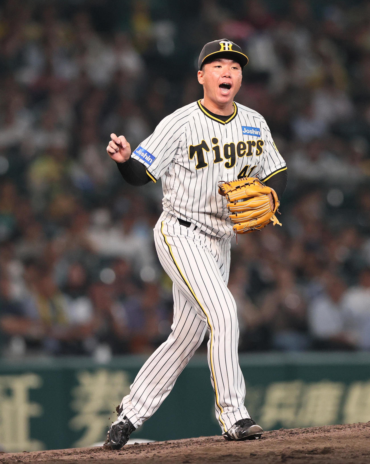 阪神対オリックス　6回表オリックス2死、村上は頓宮を見逃し三振にとり叫ぶ（撮影・上山淳一）
