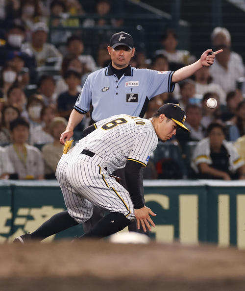 阪神対オリックス　7回表オリックス1死三塁、広岡の打球をはじく阪神三塁手の佐藤輝、適時内野安打となる（撮影・藤尾明華）