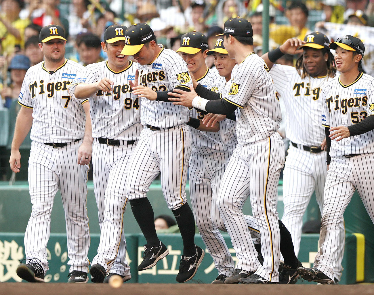 阪神対広島　広島に勝利し、ヒーロー阪神糸原（左から3人目）を祝福する阪神ナイン（撮影・上山淳一）