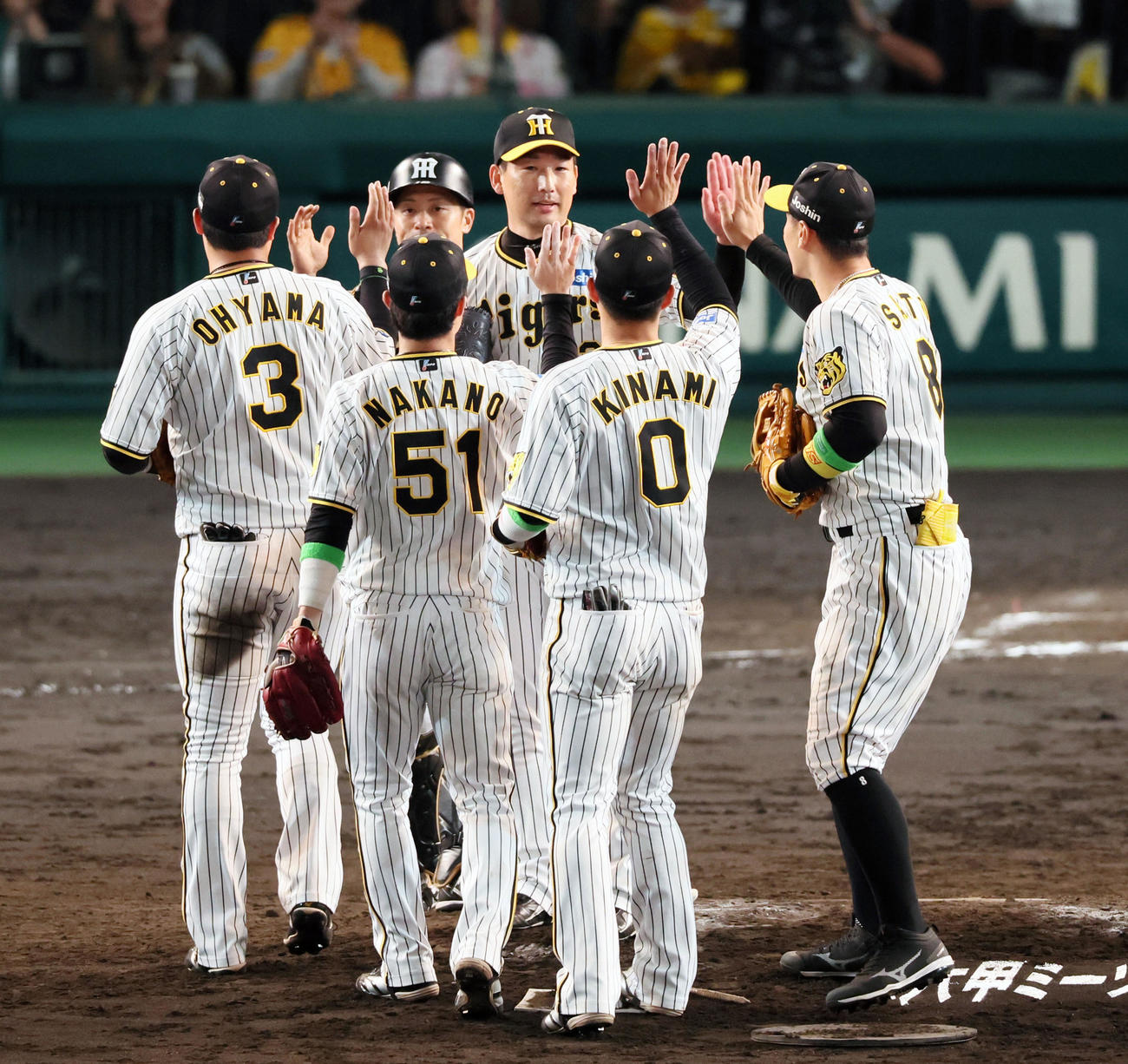 阪神対広島　広島に勝利しマウンドでタッチする阪神ナイン（撮影・加藤哉）