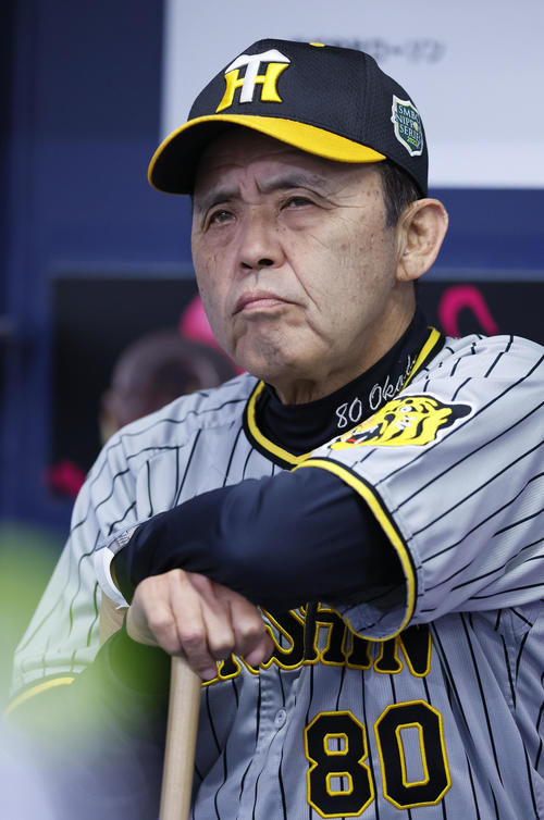 練習を見つめる阪神岡田監督（撮影・藤尾明華）