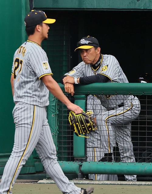 巨人対阪神　巨人に7失点した伊藤将（左）とベンチの岡田監督（撮影・上田博志）