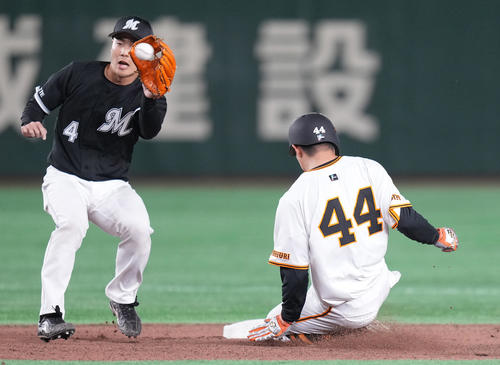 巨人対ロッテ　1回裏巨人1死一塁、打者丸の時、二盗する一塁走者佐々木。遊撃手友杉（撮影・鈴木みどり）