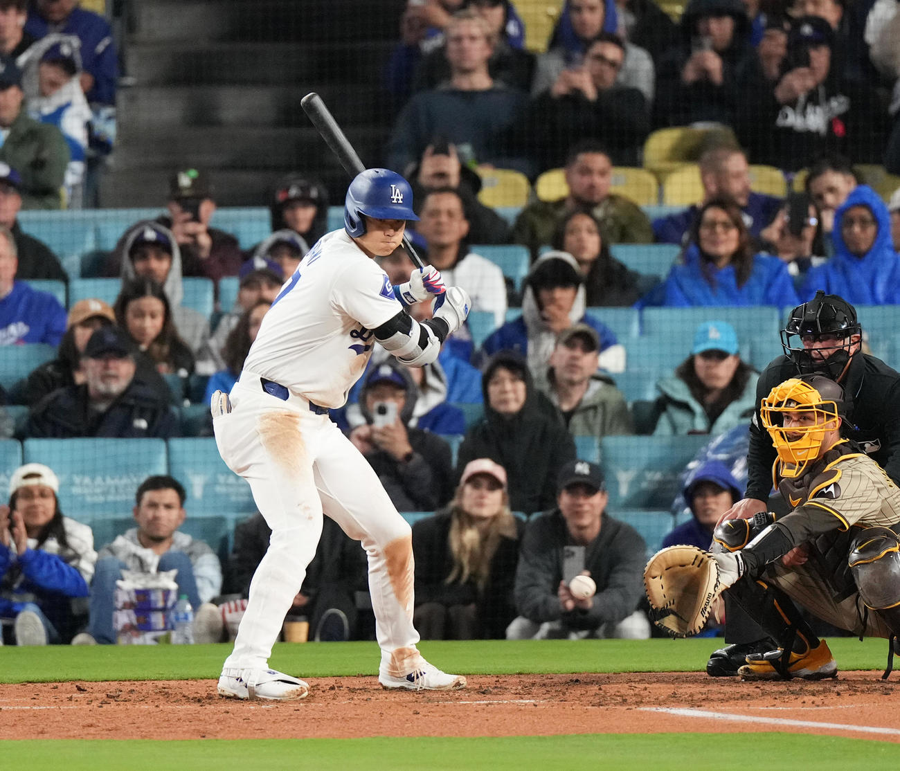 ドジャース対パドレス　3回裏ドジャース無死一塁、四球を選ぶ大谷（撮影・菅敏）