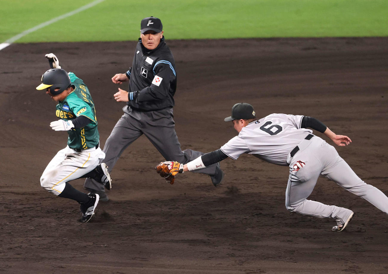 阪神対巨人　7回裏阪神1死二塁、二走植田（左）は木浪の投ゴロで二、三塁間で挟まるも三塁手坂本のタッチをかわし三塁へ進む（撮影・上山淳一）