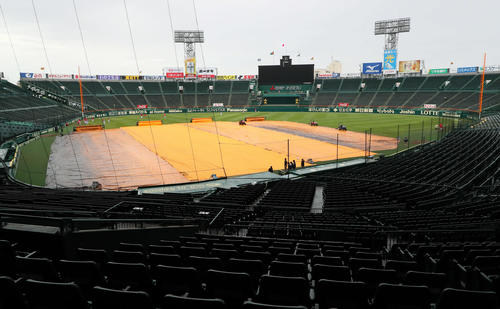 阪神対広島　GW最終日、甲子園のグラウンドにはシートが敷き詰められていたが、夜間の降雨が予想され開門を前に中止が発表された（撮影・宮崎幸一）