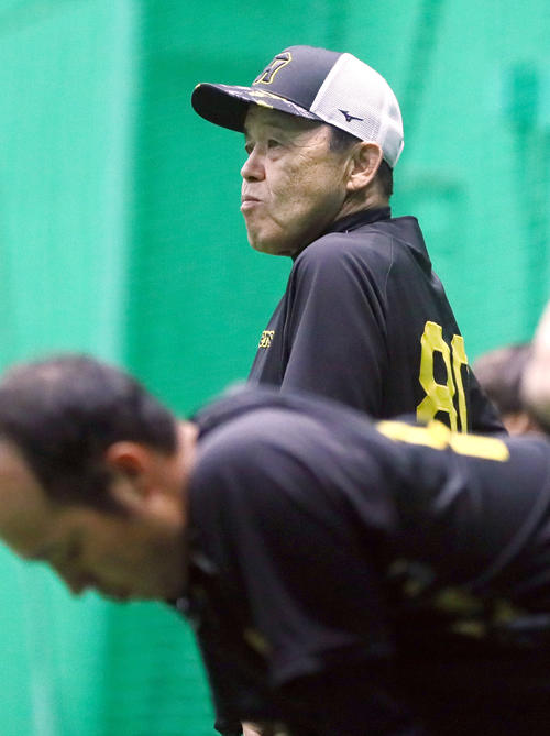 阪神対日本ハム　室内で練習を見守る阪神岡田監督。手前は青柳（撮影・上山淳一）