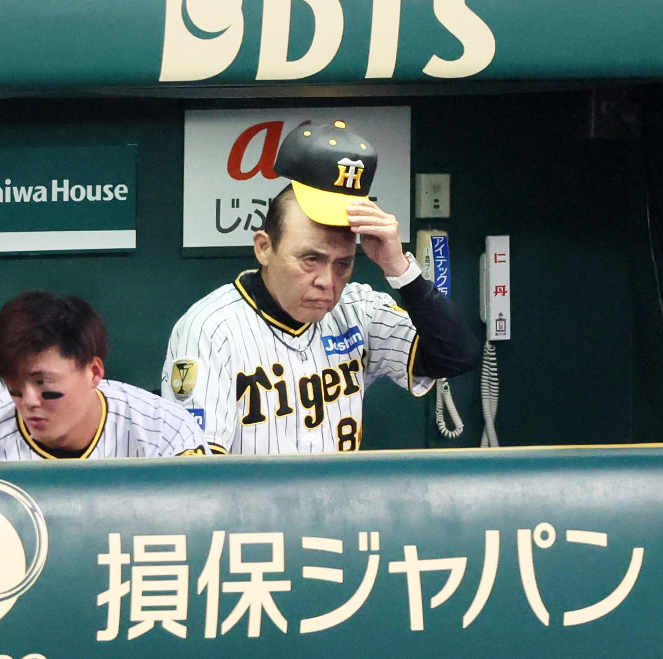 阪神対楽天　5回表を終えベンチで帽子をかぶり直す岡田監督（撮影・加藤哉）