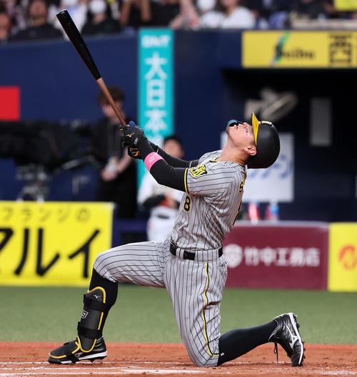 オリックス対阪神　7回表阪神2死満塁、佐藤輝は打ち上げ、捕邪飛かと思われたが屋根に当たりファウルとなる（撮影・加藤哉）