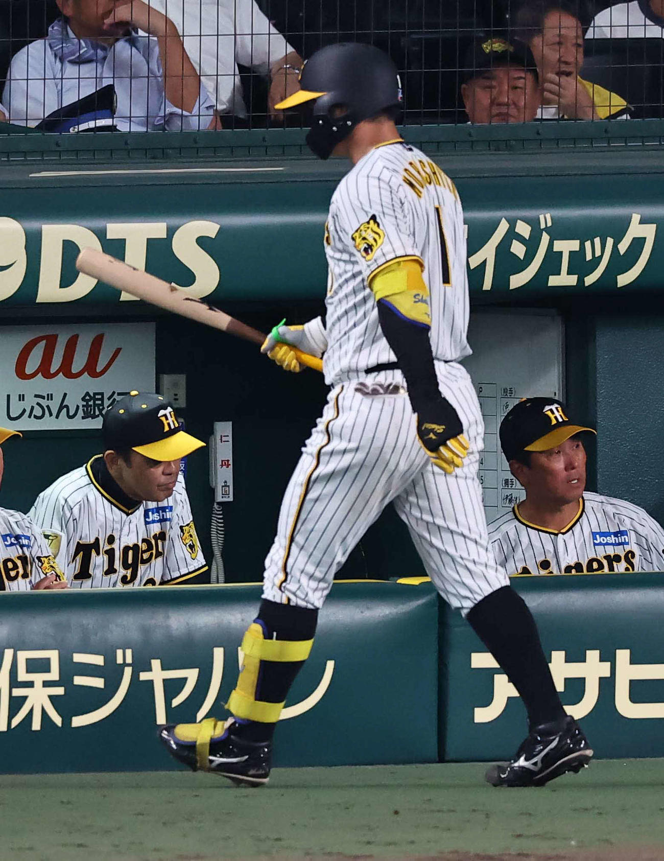 阪神対DeNA 10回裏阪神1死、岡田監督（左）は森下の三振で視線を落とす（撮影・上田博志）