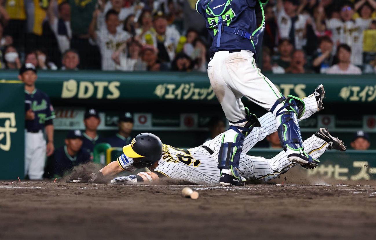阪神対ヤクルト　9回裏阪神2死満塁、近本のサヨナラ安打で生還する原口（撮影・上田博志）