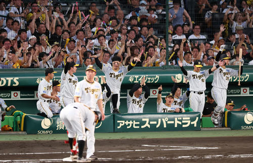 阪神対ヤクルト　4回裏阪神2死二塁、野口の適時打に盛り上がるベンチの阪神ナイン（撮影・加藤哉）