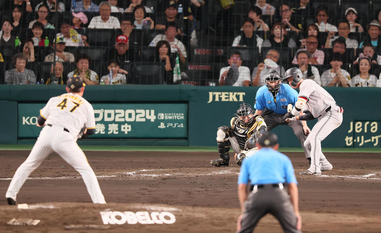 阪神対巨人　7回表巨人2死一、三塁、代打坂本は三振に倒れる。投手桐敷（撮影・加藤哉）