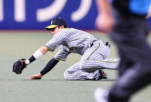 中日対阪神　9回裏中日2死満塁、木浪は福永の打球に追いつくも三走に続き二走尾田の生還も許す（撮影・上田博志）