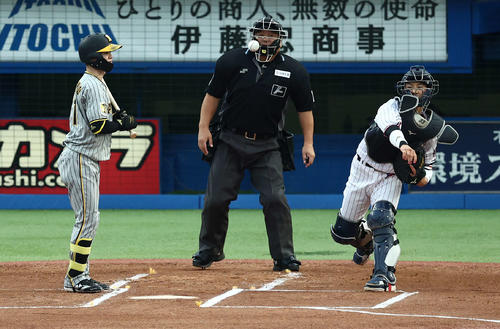ヤクルト対阪神　1回表阪神無死一塁、打者中野の時、二盗を試みる一走近本を刺す内山（撮影・河田真司）