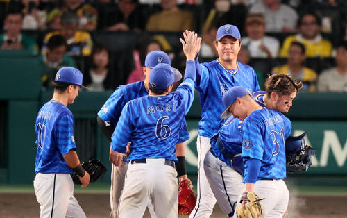 阪神対DeNA 阪神に勝利しナインとタッチする上茶谷(撮影・加藤哉)