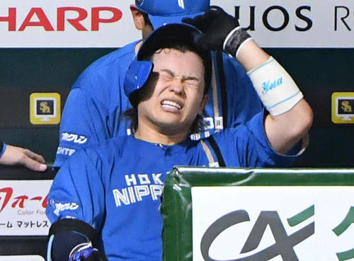 ソフトバンク対日本ハム 9回表日本ハム無死、空振り三振に倒れた田宮は悔しそうな表情を見せる(撮影・岩下翔太)
