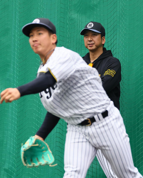 ブルペンに入った伊原（手前）を見つめる藤川監督（撮影・藤尾明華）