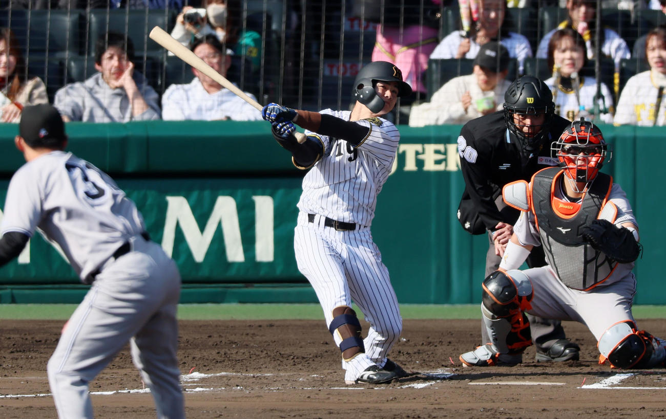 阪神対巨人　6回裏阪神1死一塁、中野は左前打を放つ。投手赤星（撮影・加藤哉）