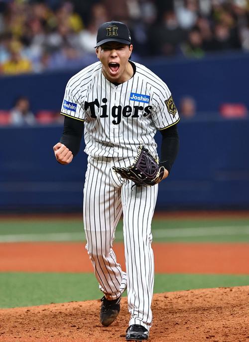 阪神対DeNA 12回表DeNA2死一塁、柴田から三振を奪い雄たけびをあげる工藤（撮影・上田博志）