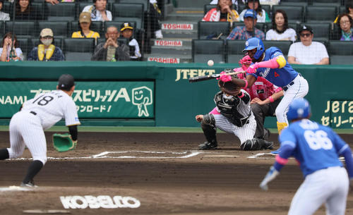阪神対中日　6回表中日無死一、二塁、カリステはバント失敗。投手伊原（撮影・加藤哉）
