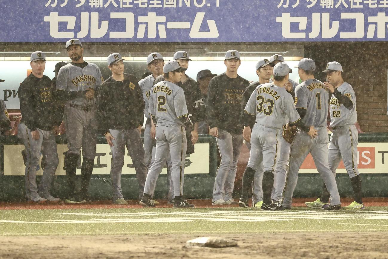 楽天対阪神　延長戦の末、楽天に敗れ引き揚げる阪神ナイン（撮影・河田真司）