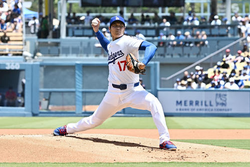 ドジャース対ナショナルズ　ドジャース先発の大谷（撮影・滝沢徹郎）