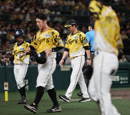 阪神対ヤクルト　4回裏阪神攻撃終了、交代を告げて戻る藤川監督（中央）（撮影・宮崎幸一)