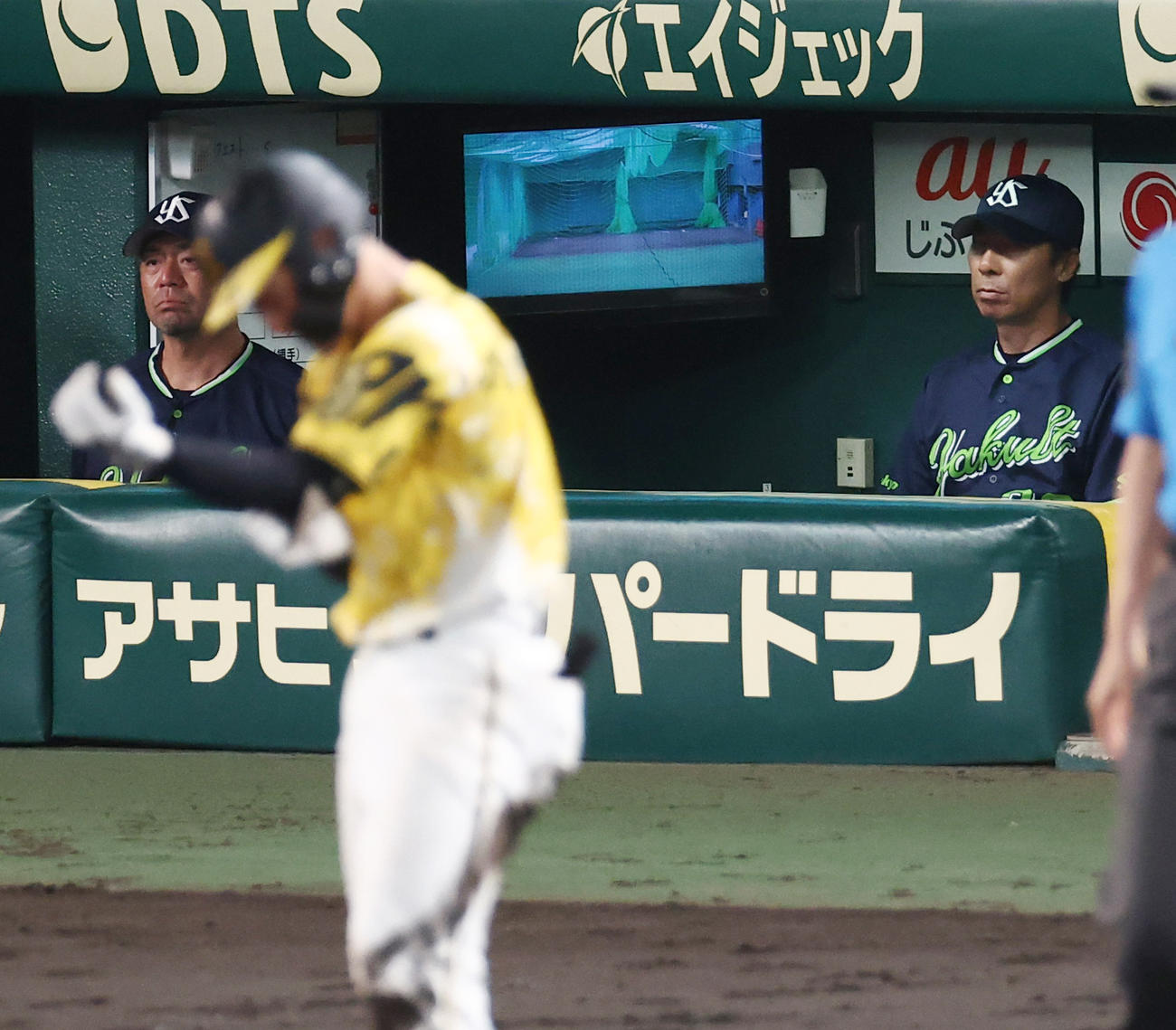阪神対ヤクルト　8回裏阪神2死二塁、坂本に適時三塁打を浴びた高津監督（右）はベンチで厳しい表情を見せる（撮影・上田博志）