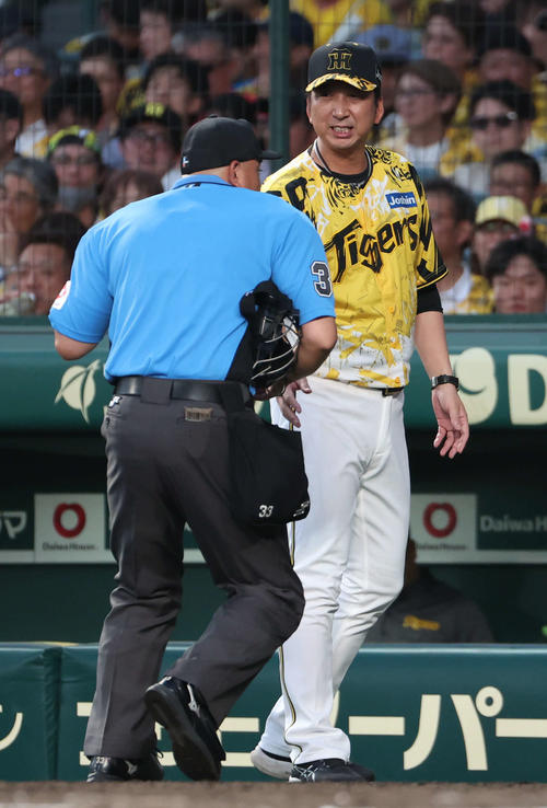阪神対ヤクルト　4回の攻撃を終え、左翼手を豊田から島田に交代させ、審判に告げる阪神藤川監督（撮影・西尾就之）