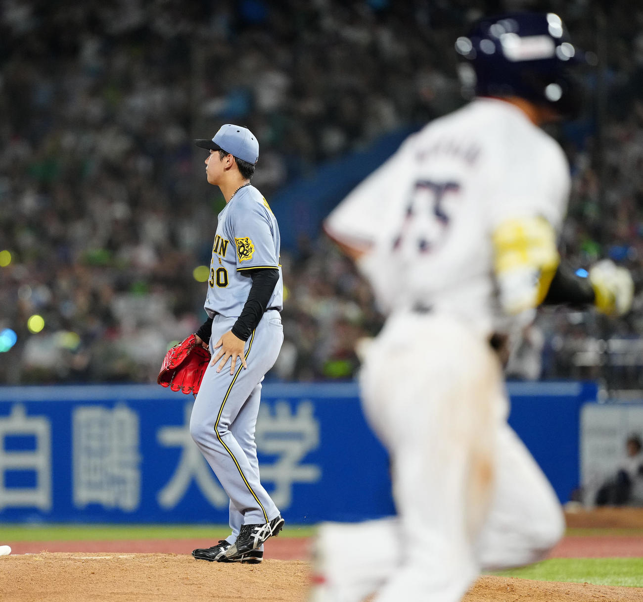 ヤクルト対阪神　5回裏ヤクルト2死一塁、村上に中越え2点本塁打を浴び、ぼうぜんとする門別（撮影・鈴木みどり）