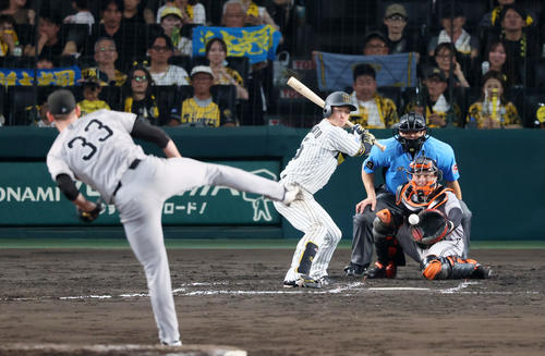 阪神対巨人　6回裏阪神1死一塁、四球を選ぶ近本。投手ケラー（撮影・加藤哉）