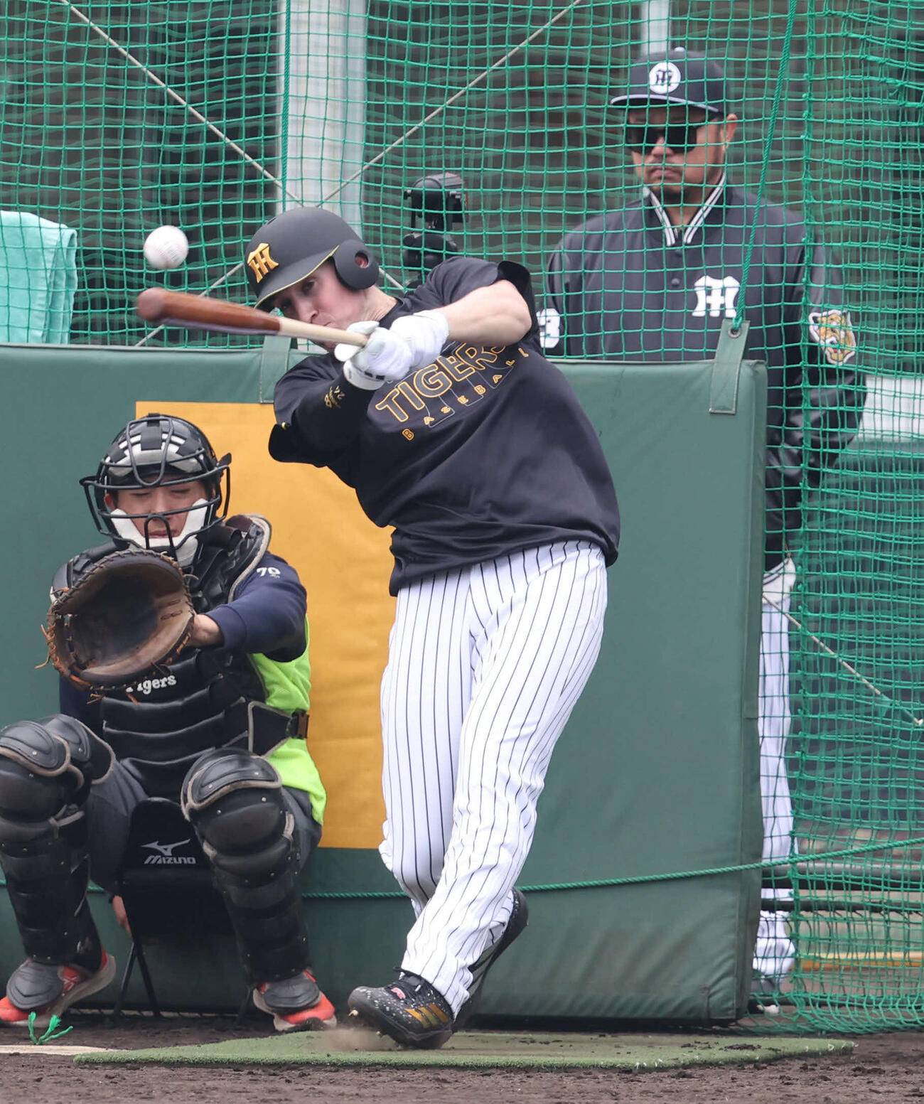 阪神ディベイニーは小谷野コーチの前でランチタイムに特打を行う（撮影・西尾就之）