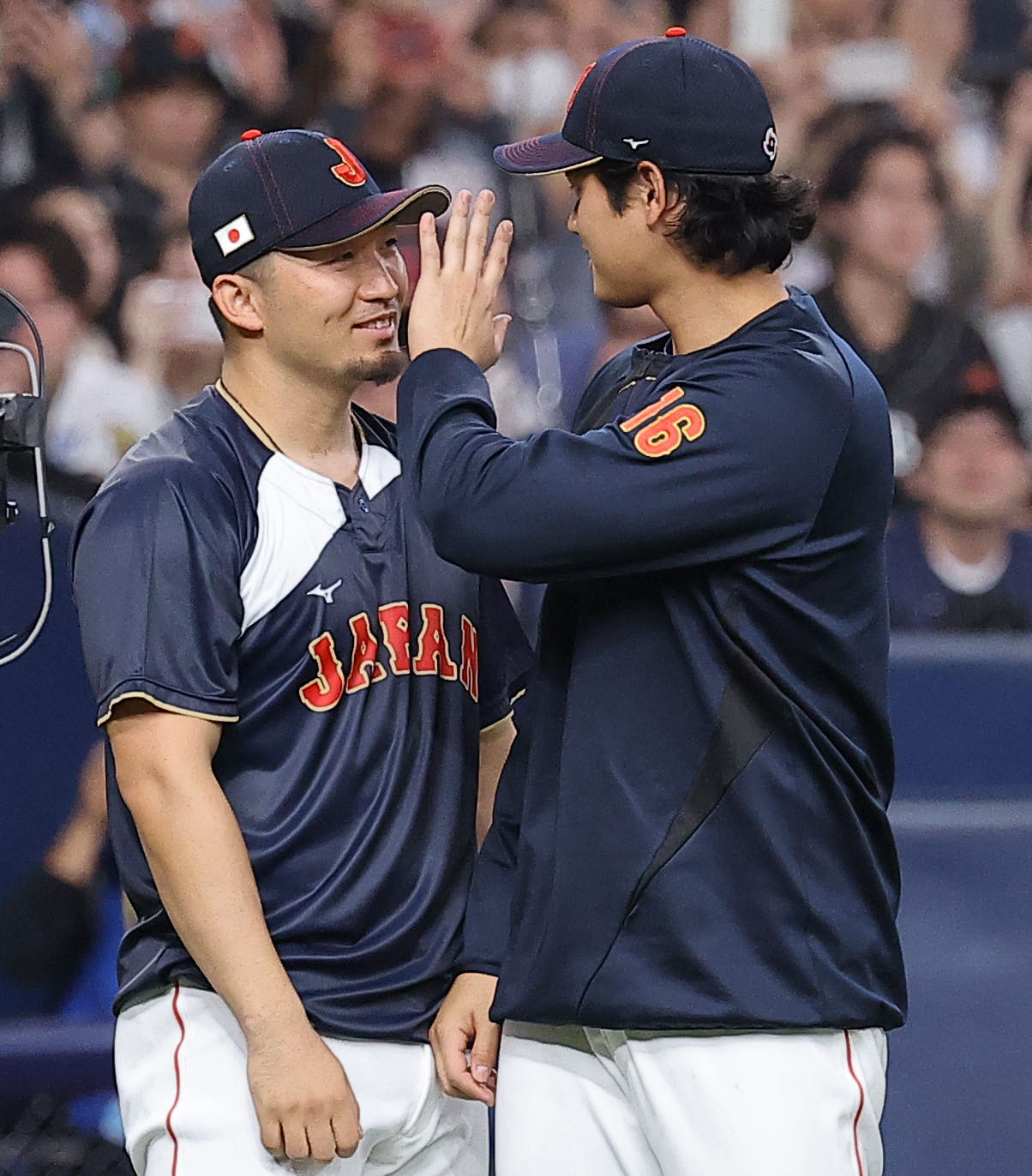 阪神対日本　大谷（右）とじゃれあう鈴木（撮影・上田博志）