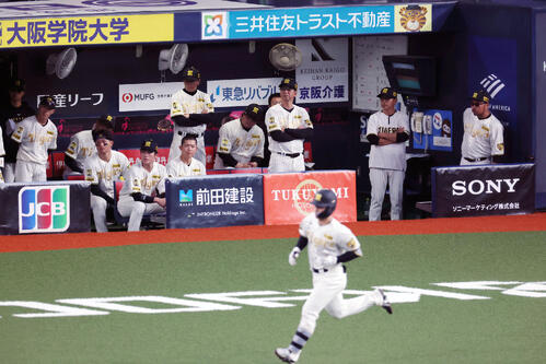 阪神対DeNA  9回裏阪神2死、坂本の右飛をベンチから見る藤川監督とナイン（撮影・加藤哉）