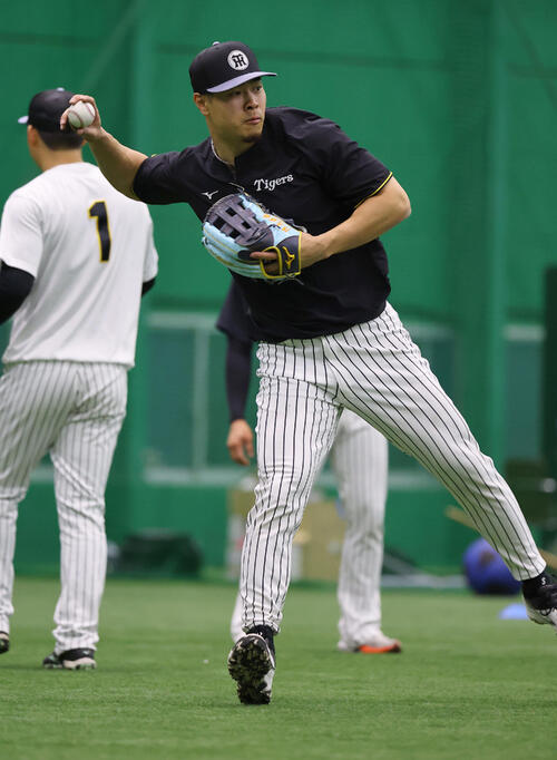 ノックを受ける阪神佐藤（撮影・上田博志）