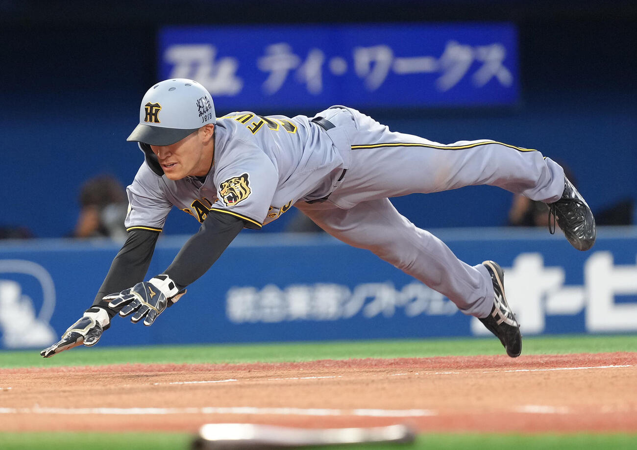 DeNA対阪神　2回表阪神2死一塁、坂本誠志郎の左前適時打にヘッドスライディングで生還する福島圭音（撮影・足立雅史）　