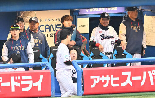 ヤクルト対阪神　9回裏、ベンチから戦況を見守るヤクルト池山隆寛監督（右から2人目）（撮影・滝沢徹郎）